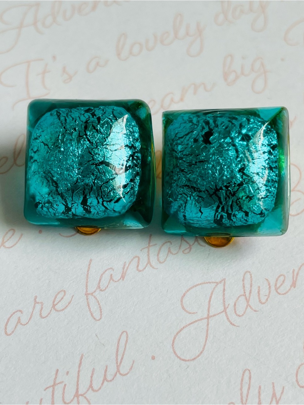 Vintage Teal Dichroic Glass Square Clip-On Earrings 1"